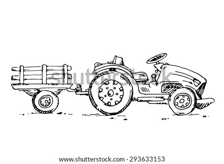 Free hand drawn sketch tractor trailer on white background. White background.