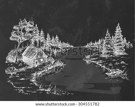 Chalk drawing river in forest. Beauty landscape. Vector illustration