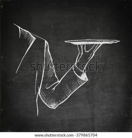 Chalk drawing waiter hand holding empty tray. Chalkboard menu. Vector stock illustration