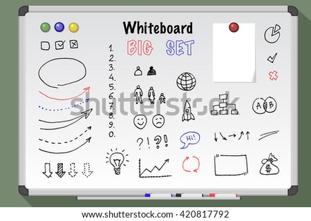 Big whiteboard set. Whiteboard drawn icon, arrows digits lines set. White board markers. 