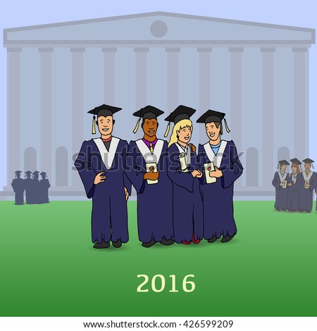 Cartoon graduates on the background of the educational institution. Hand drawn vector stock illustration. 