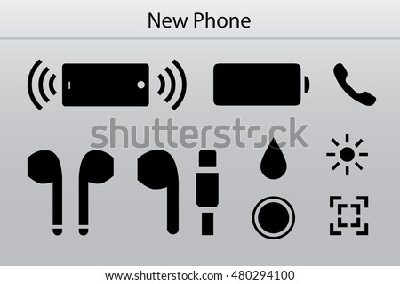Specifications of modern mobile phone. Stereo speaker in phone, battery charge, light connector, new home button, water splash resistance. Silver background. Vector icon set. 