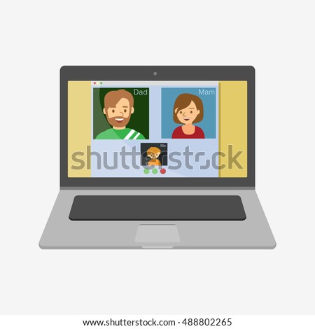 Family talking on skype. Laptop vector illustration icon. Flat design style. Skype video chat. Family skype. Skype vector. Laptop icon. macbook, mac, imac, apple. Macbook vector.  Mac icon. 