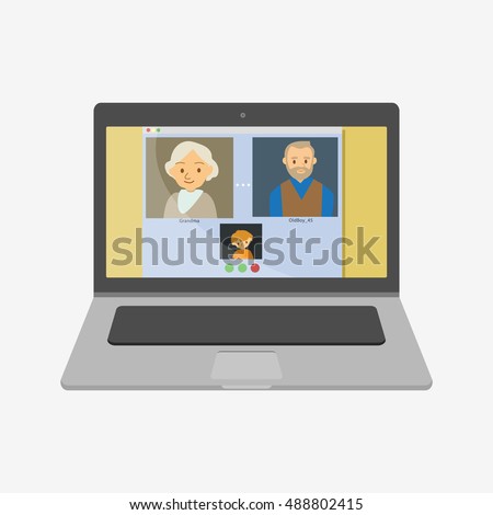 Family talking on scype. Laptop vector illustration icon. Flat design style. Skype video chat. Family skype.Laptop icon.macbook, laptop vector. Apple vector.Macbook vector.iMac vector.Mac icon. 
