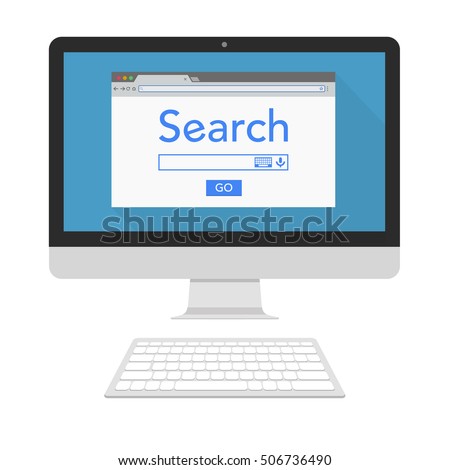 Search page on computer screen. Search in web browser. Search bar. Voice search. Vector illustration