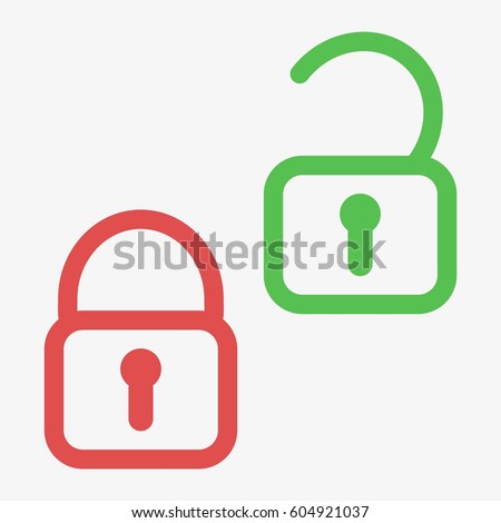 Lock unlock icon. Green and red lock icon. Flat vector stock illustration