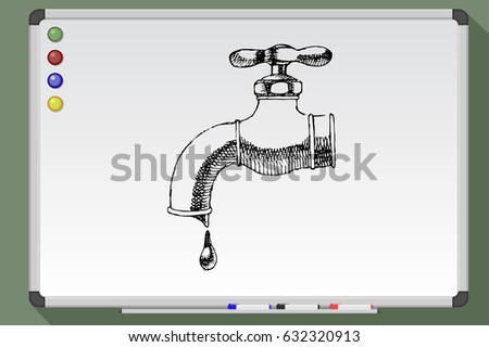 Water tap with water drop. Hand drawn vector stock illustration. Isolated on whiteboard