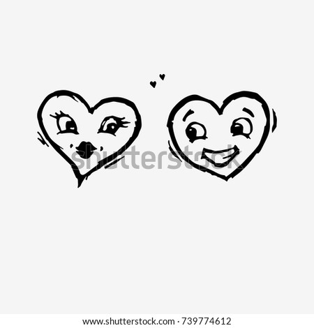 Two hearts with faces. Happy kissing and smiling heart. Hand drawn vector illustration. Black and white