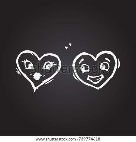 Two hearts with faces. Happy kissing and smiling heart. Hand drawn vector illustration. Chalk board