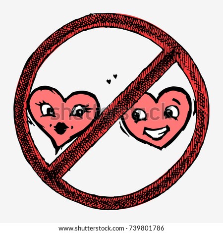 Two hearts with faces in red sign. Happy kissing and smiling heart. Hand drawn vector illustration