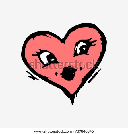 Heart with face. Happy kissing heart. Hand drawn vector illustration