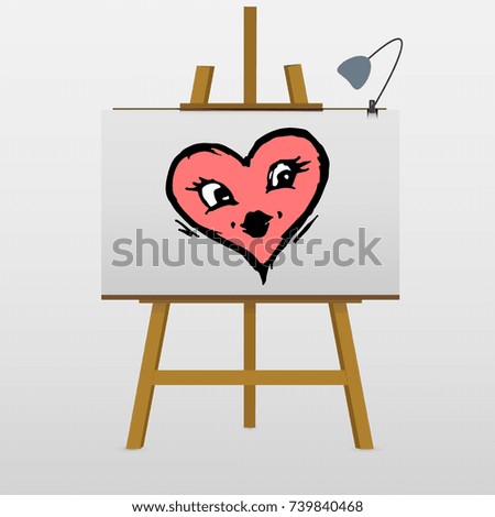 Heart with face on easel. Happy kissing heart. Hand drawn vector illustration