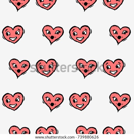 Two hearts with faces. Happy kissing and smiling heart. Hand drawn vector illustration. Seamless background pattern