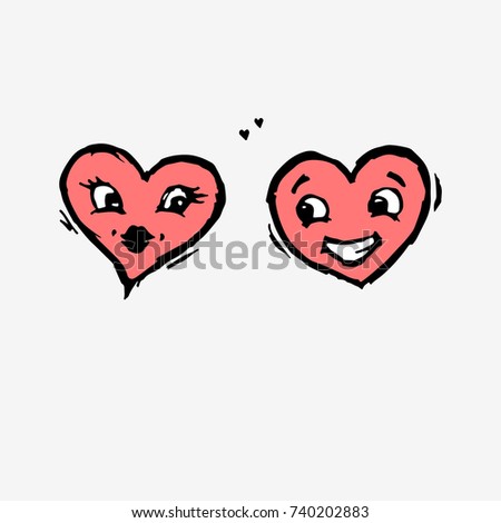Two hearts with faces. Happy kissing and smiling heart. Hand drawn vector illustration