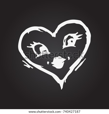 Heart with face. Eyes with lashes. Happy kissing heart. Hand drawn vector illustration. Black board drawing
