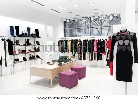 Interior of shopping. Clothing sales point women