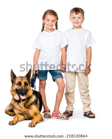 happy kids in white t-shirts with a dog isolated