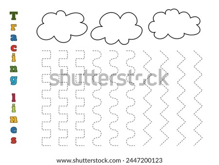 Outline The Rain Lines From The Clouds Is A Worksheet For Tracing Lines For Preschoolers Aged 4-6 Years
