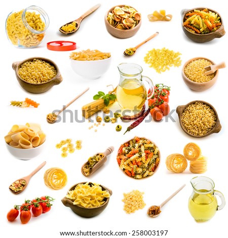 Collage of photos of different shapes of pasta in a variety of dishes on a white background