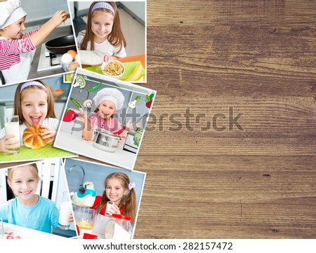 background on a wooden board photo of a pretty girl eat breakfast varied food