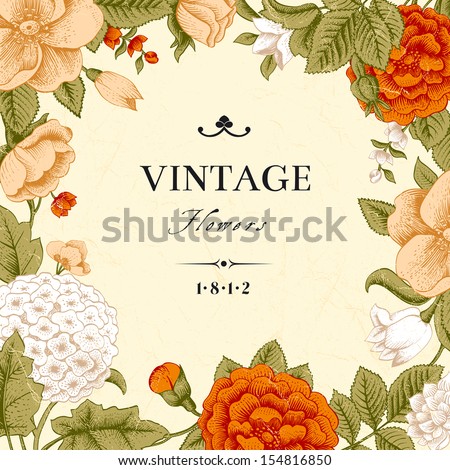 Vintage card with flowers. Garden roses, hydrangea and dog-rose flower on a beige background. Vector illustration.