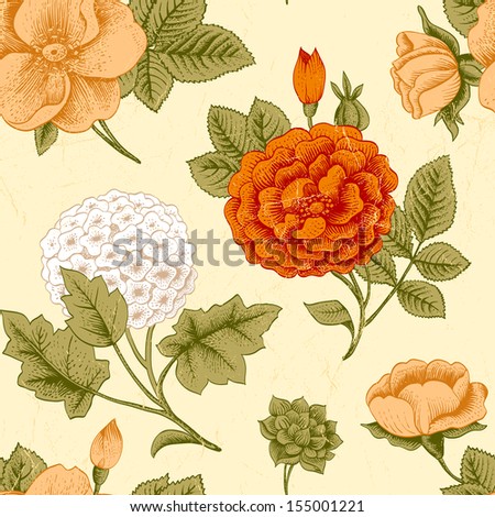 Seamless pattern with vintage flowers. Garden roses, hydrangea and dog-rose flower on a beige background. Vector illustration.