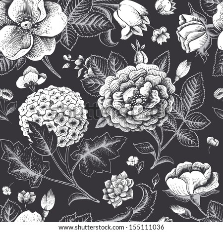 Beautiful vintage floral seamless pattern. Garden roses, hydrangea and dog-rose flower on a black background. Vector illustration. Black and white color.