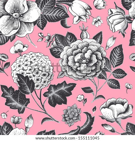 Beautiful vintage floral seamless pattern. Garden roses, hydrangea and dog-rose flower on a pink background. Vector illustration. Black and white flowers on pink.