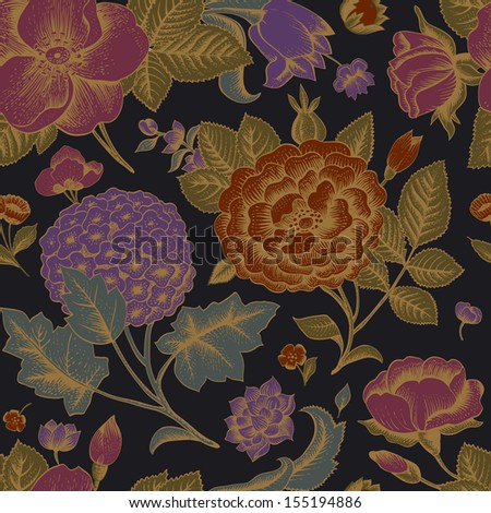 Seamless pattern with vintage flowers. Garden roses, hydrangea and dog-rose flower on a black background. Vector illustration.