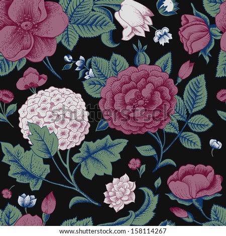 Seamless pattern with vintage flowers. Garden roses, hydrangea and dog-rose flower on a black background. Vector illustration.