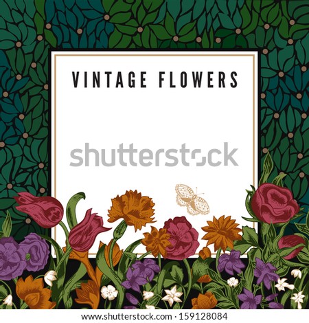 Vintage vector card with night garden and flowers and butterfly. Flowers, roses, tulips and carnations on a background of stylized laurel leaves with white frame.