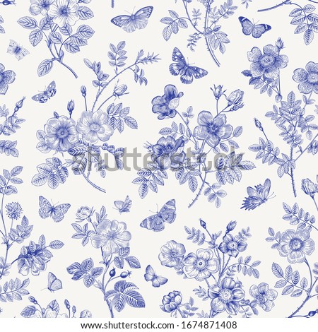 Vintage floral illustration. Seamless pattern. Wild Roses with butterflies. Blue and white. Toile de Jouy. 