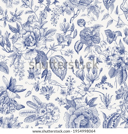 Bloom. Vintage floral seamless pattern. Spring flowers. Blue and white. Chinoiserie