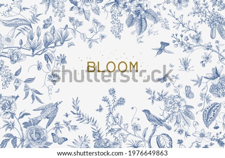 Greeting card. Bloom. Chinoiserie. Horizontal frame. Vintage floral illustration. Blue and white