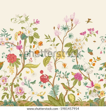 Mural. Bloom. Blooming trees. Vintage floral illustration 