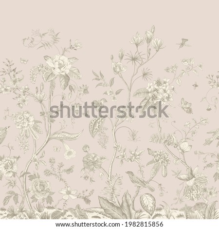 Mural. Bloom. Chinoiserie inspired. Vintage floral illustration. Tender