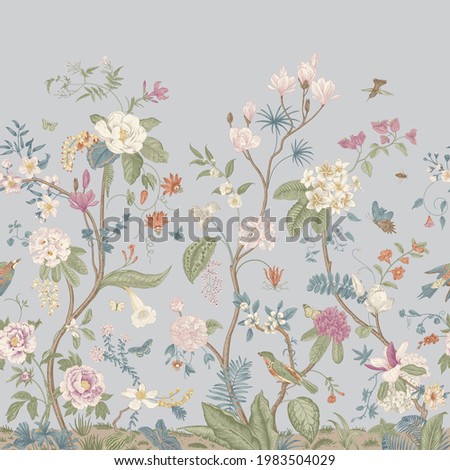 Mural. Bloom. Chinoiserie inspired. Vintage floral illustration. Pastel colors  Foto stock © 