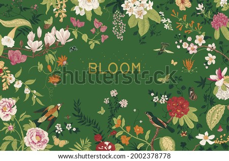 Greeting card. Bloom. Chinoiserie. Horizontal frame. Vintage floral illustration. 