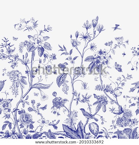 Mural. Bloom. Chinoiserie inspired. Vintage floral illustration. Blue and white