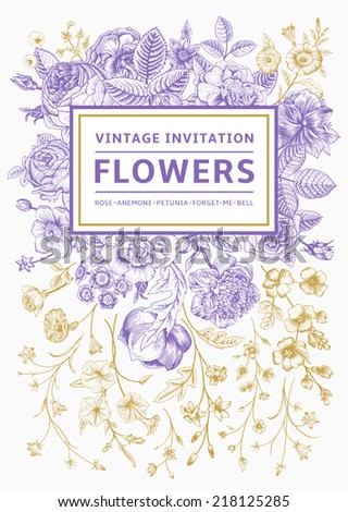 Vertical invitation. Vintage greeting card with garden flowers. Purple vector with a gold frame.