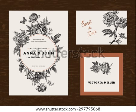 Wedding set. Menu, save the date, guest card. Black and white flowers peonies. Vintage vector illustration.