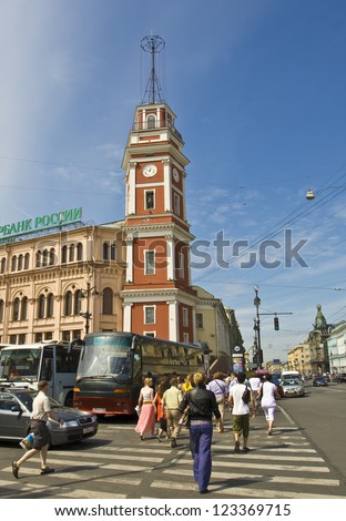 ST. PETERSBURG, RUSSIA - JULY  July 05: tower of town council July 05, 2012, in town St. Petersburg, Russia, on Nevskiy prospect avenue, built in 1804, architect D. Ferrari.
