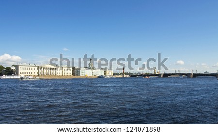 St. Petersburg, Russia, University quay of river Neva, building of Academy of science, 1783-1789, and Museum of Anthropology and ethnography (cabinet of curiosities) 1718-1734.