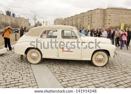 MOSCOW - APRIL 21: Russian retro car Pobeda (Victory) on rally of classical cars on Poklonnaya hill,  April 21, 2013, in town Moscow, Russia.
