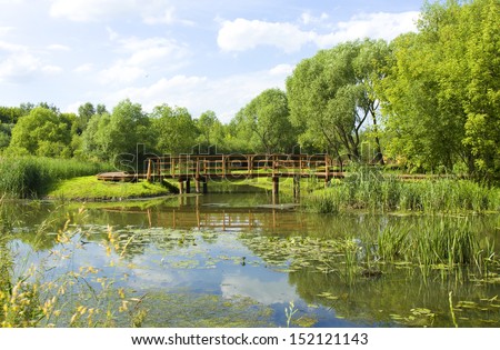 Summer landscape with wooden bridge on lake, recorded in park Sviblovo in Moscow.
