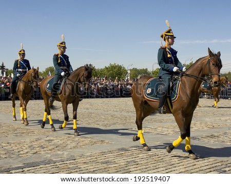 MOSCOW - MAY 9, 2014: cavalry show in memorial  Poklonnaya hill devoted to holiday Victory day of victory in Second World War, participants President cavalry regiment and Kremlin cavalry school.