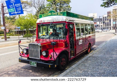 KANAZAWA, JAPAN - 16 April, 2014:The excursion bus is convenient for tourists. Each bus runs on a single route, and each bus stop displays the bus number with an English notation.