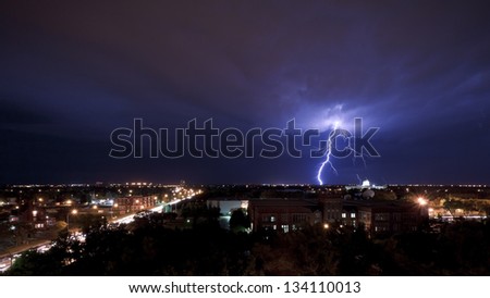 Forked lightning during a night thunderstorm over Regina, SK, Canada.