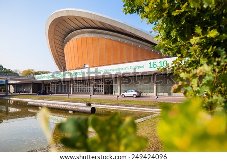 BERLIN - GERMANY - OCTOBER 01, 2014. Haus der Kulturen der Welt - House of the Cultures of the World. Overview of the characteristic building in oyster shape.  Berlin, Germany - October 01, 2014