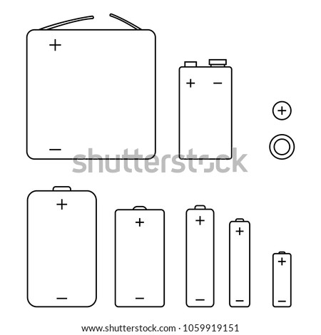 Vector Set of Black Outline Icons of Different Types Batteries
